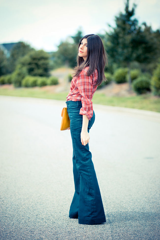 Bell Bottom Jeans, Wide Leg Jeans, Flare Jeans, Red Plaid Shirt, Asos Yellow clutch, Fashion