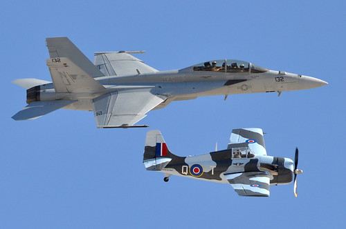 Warbird picture - United States Navy - Boeing (McDonnell Douglas) F/A-18F Super Hornet - USN BuNo 166466 and General Motors Eastern Aircraft Division (Grumman) FM-2 (F4F-8) - N5833 - Aviation Nation 2009 - Nellis Air Force Base