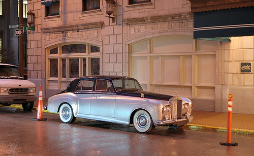 Rolls Royce Automobile, in downtown Saint Louis, Missouri, USA - in the rain