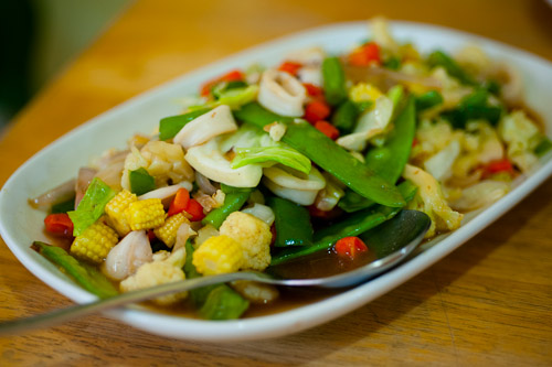 Squid fried with vegetables  at Mabuhay, a Filipino restaurant in Bangkok