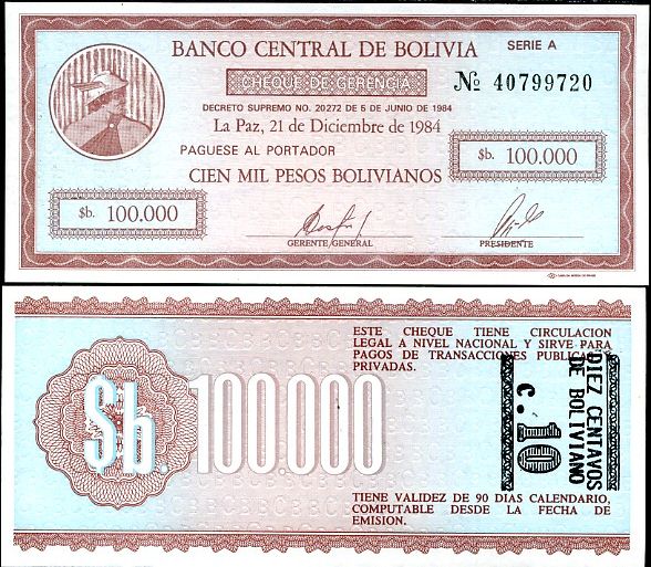BOLÍVIA pretlač 10 CENTOV na 10,000 PESO 1987 P 197