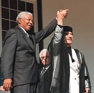 Former African National Congress leader and first president of a non-racial, democratic South Africa, Nelson Mandela, with Libyan Leader of the Revolution Muammar Gaddafi. Libya is longtime supporter of Southern Africa. by Pan-African News Wire File Photos