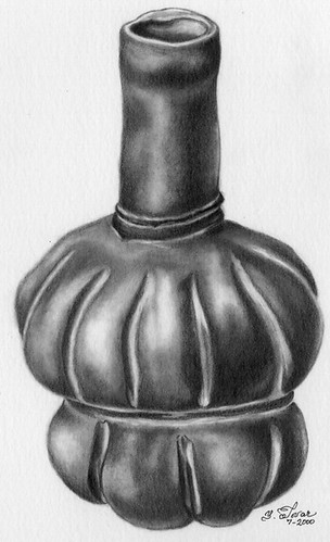 High-necked jar in the shape of a cacao pod, corresponding to a type produced and probably used for serving an alcoholic beverage made from cacao pulp between 1400 and 1100 B.C. at Puerto Escondido (Honduras). Chemical analyses by the author’s laboratory and colleagues support this conclusion. (Drawing courtesy of J.S. Henderson and Y. Tovar; Collection of the Instituto Hondureño de Antropología e Historia, Museo de San Pedro Sula, Honduras; drawing by Yolanda Tovar).