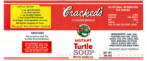 CRACKED MAGAZINE  #255 , 'CUT-UP' ::  "Cracked's CONDEMNED MUTANT TURTLE SOUP with SHELLS" ..by Rurik Tyler, Scan by A. Winters  [[ Label Isolated ]]   (( August, 1990 ))