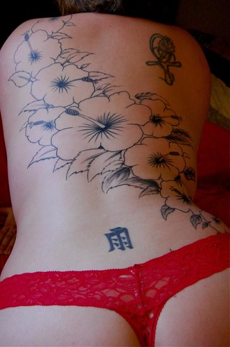 Women Back Tattoo - Hibiscus