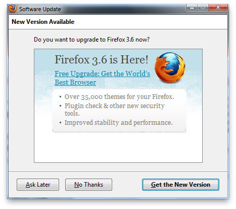 Firefox upgrade offer window