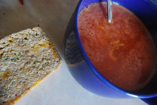 Tomato soup with cheddar; beer, cheddar and onion loaf