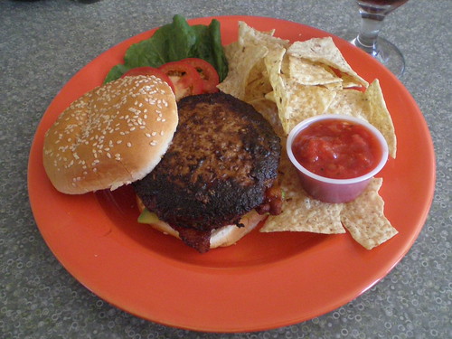 Blackened burger with bacon and avocado