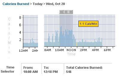 bodybugg graph showing calorie burn at 1:00 PM, after my workout