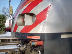 The front nose detail on a Metra, Motive Power Industries MPI model MP-36 PH passenger locomotive. Elmwood Park Illinois. Febuary 2008.