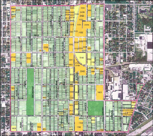 brownfields and suspected brownfields in yellow and amber (by: US EPA)