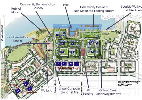 site plan for SE False Creek, Olympic Village highlighted (by: city of Vancouver)