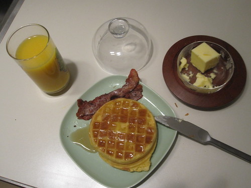 Waffles with bacon and maple syrup, oj