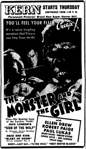 THE MONSTER AND THE GIRL (1941) Newspaper advertisement 3-26-41