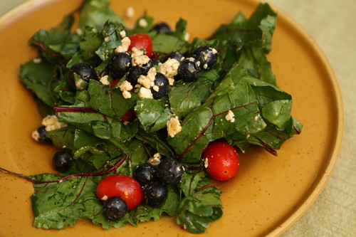 Beet Greens with Blueberries, Grape Tomatoes, Feta, and Balsamic