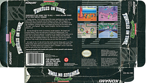 Konami  "Teenage Mutant Ninja Turtles IV - TURTLES IN TIME " { SNES } box i ..art by  X (( 1992 ))