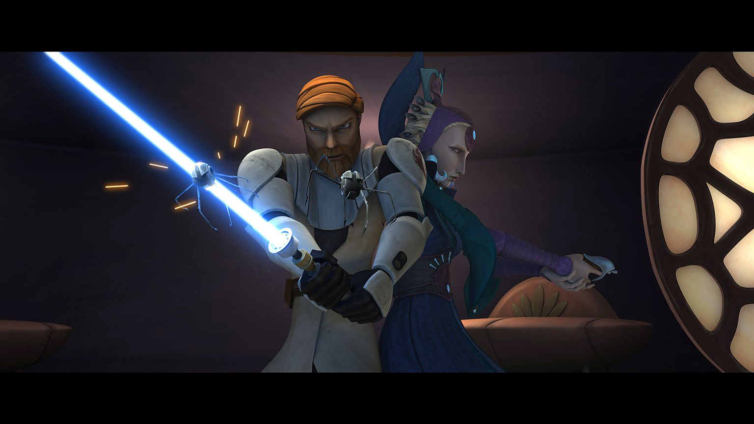 Obi-Wan Kenobi and Duchess Satine Kryze of Mandalore prepare to fend off an attack in “Voyage of Temptation,” an all-new episode of STAR WARS: THE CLONE WARS premiering at 9:00 p.m. ET/PT Friday, February 5 on Cartoon Network. TM & © 2010 Lucasfilm Ltd. All rights reserved. 