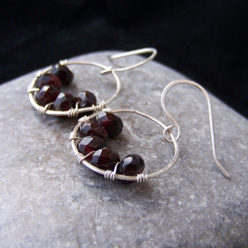 Hammered sterling silver and garnet earrings