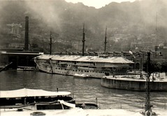 1941: The Maritime Environment. Accomodation hulk HMS Tamar at the Hong Kong naval basin, which took her name. Photo NHSA.