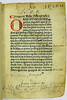 Coloured initial and paragraph mark with manuscript annotations, title and ownership inscriptions in Mela, Pomponius: Cosmographia, sive De situ orbis
