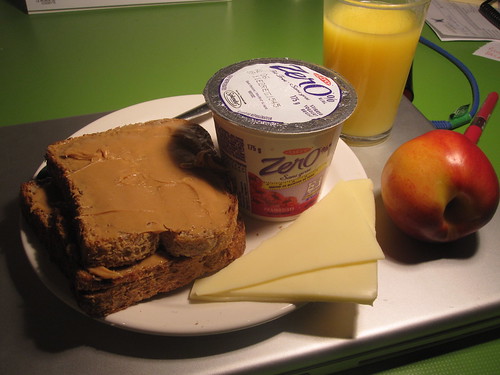 toasts with PB, cheese, fruit, yogourt, OJ from the bistro - free