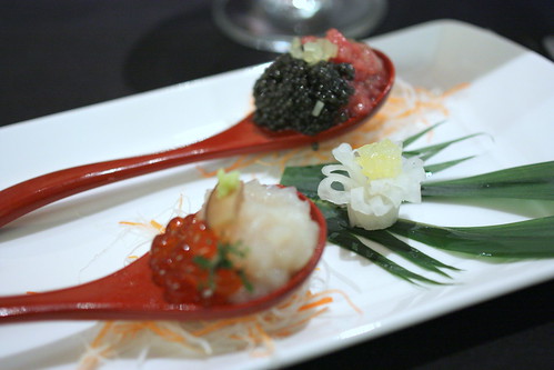 Tartar Duo - Hokkaido Scallop and Marinated Salmon Roe, Wasabi, Shiitake Mushroom. Toro, Osetra Caviar, Takuan, Scallion