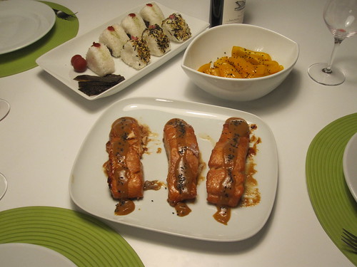Miso-maple salmon, onigiri, sesame peppers