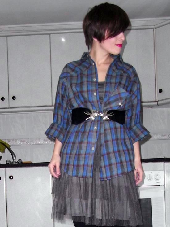 Glam frock with plaid shirt