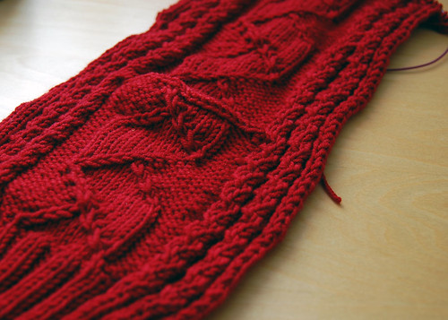 red cabled cardigan