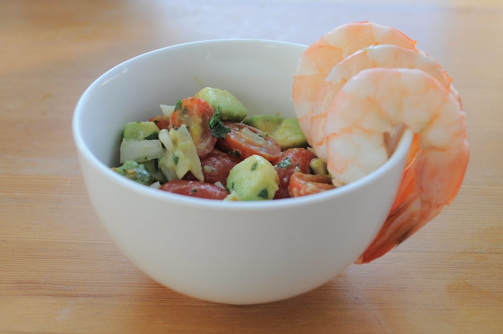 avocado and grape tomato salad with shrimp