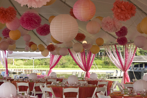 Watercolored paper lanterns and Martha Stewart pompoms streamers