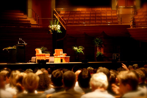 Wednesday: Two chairs and a lectern awaiting Richard Dawkins