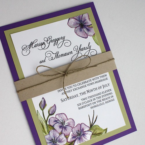 Purple and Green Floral Wedding Invitation Set with Belly Band See www