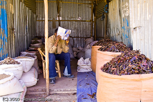 A vendor passes the time reading as he waits for his next customer in Addis Ababa, Ethiopia..
