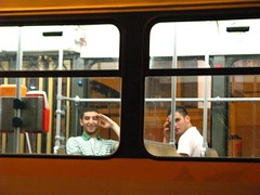 Passengers aboard a Brussels Belgium electric trolley bus. 2009.