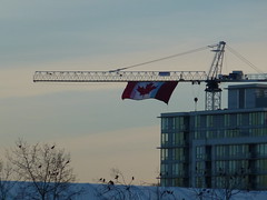 Drapeau canadien accroché à une grue dans Vancouver