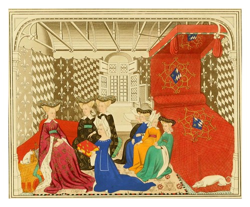 015-Cristina de Pisan presentando su libro a la reina de Francia principios del  XV-Dresses and decorations of the Middle Ages 1843- Henry Shaw