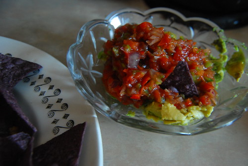 Salsa with avocado and blue corn chips