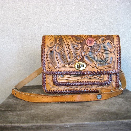  Mexican painted tooled leather purse 