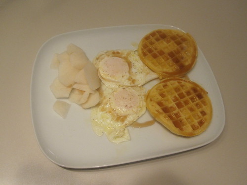 pear, eggs, waffles, maple syrup