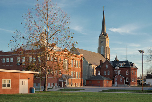Saint Dominic Roman Catholic Church, in Breese, Illinois, USA - exterior back with school