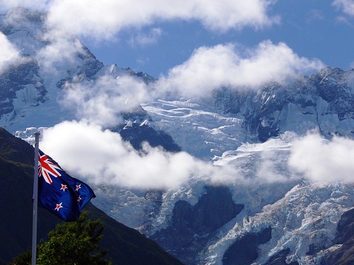New Zealand Flag Against NZ Alps