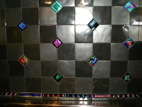 Uneek Glass Fusions Dichroic Fused Glass Tiles as Accent Tiles in a Custom Kitchen Backsplash