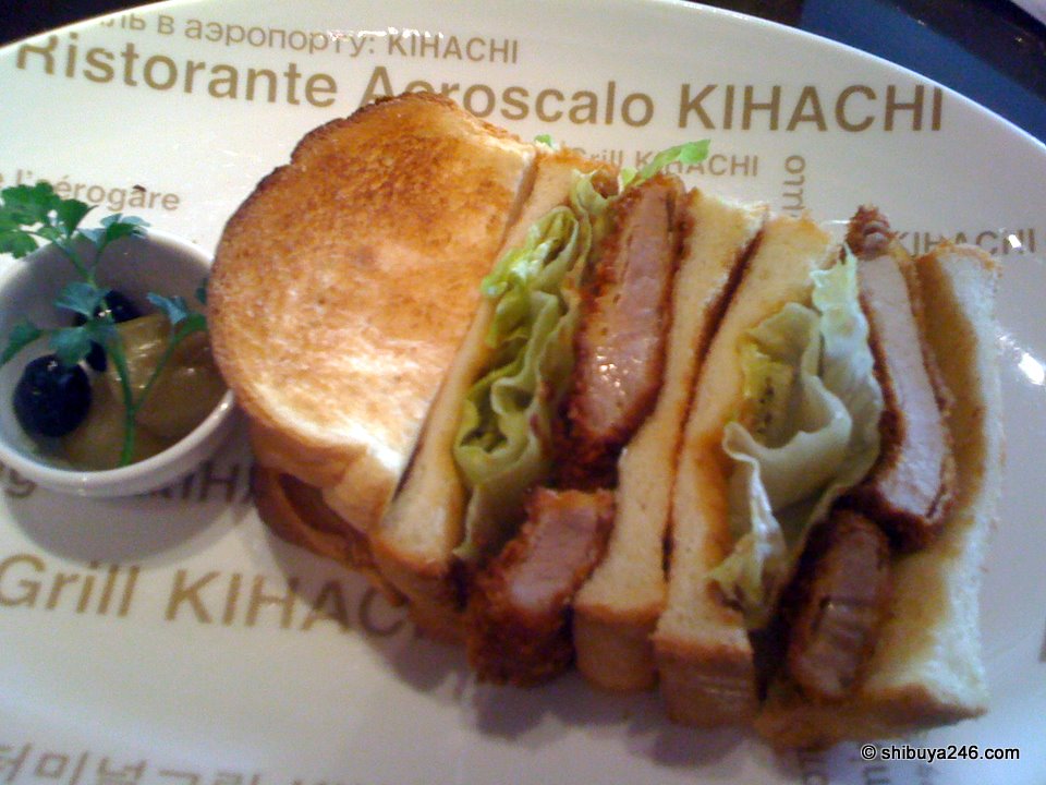 Tonkatsu sandwich on a Kihachi plate. Very tasty.