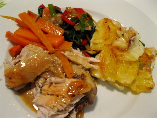 Roast Chicken with roast carrots, potato gratin and grönsåker mix
