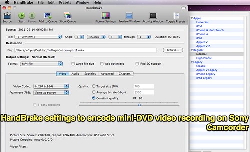 HandBrake settings to encode mini-DVD video recording on Sony Camcorder