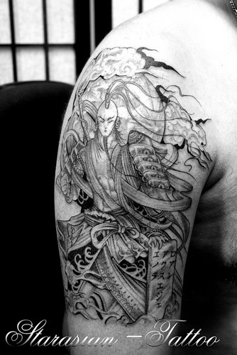 This Sleeve Tattoo Japanese Samurai design is very detailed and painted in 