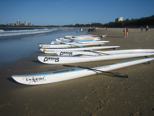 Racing kayaks on the beach at Mooloolaba