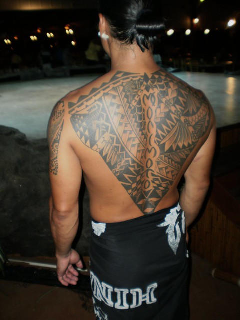 A picture of Gaylords Luau fire dancer's back tattoo. Very impressive.