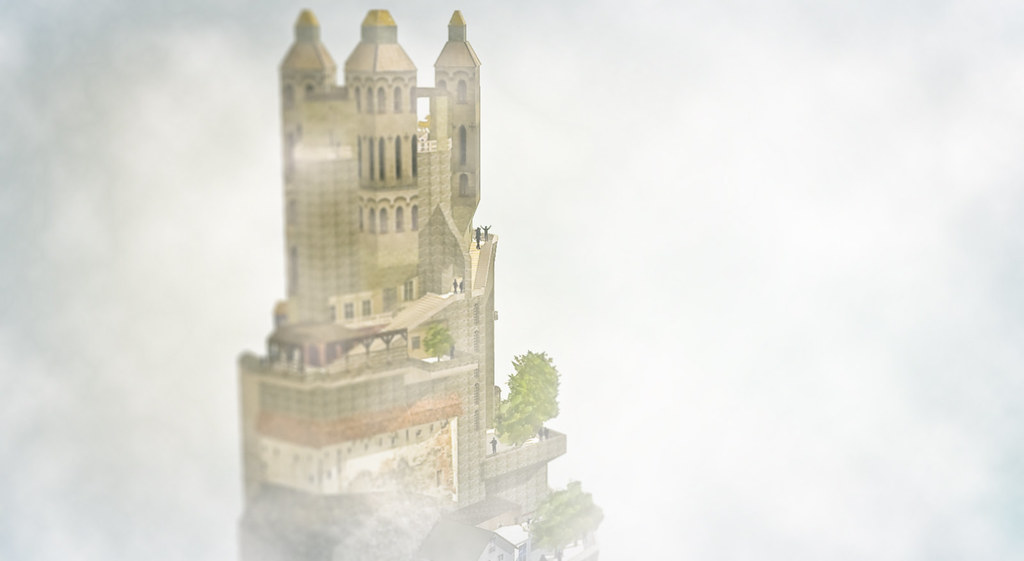 City of Enlightenment, tower top in fog.